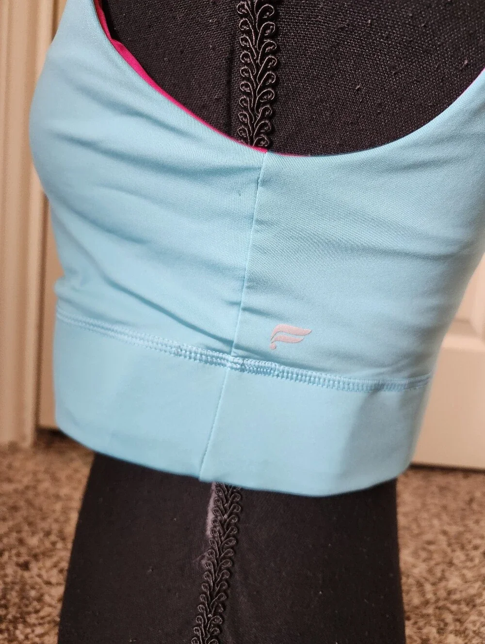 Fabletics One-Shoulder Aqua Sports Bra with Pink Trim